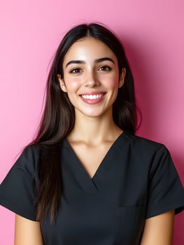 Cheerful and confident portrait of a young female cosmetologist or beauty specialist in a black top smiling against a vibrant pink background photo