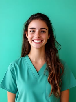 Cheerful young female healthcare assistant in uniform smiling and looking at the photo