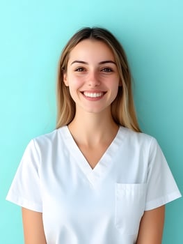 Friendly professional portrait of a young smiling therapist wearing a white medical uniform standing in front of a vibrant color background photo