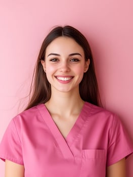 Portrait of a young friendly and approachable female cosmetologist or healthcare professional wearing a pink uniform standing against a vibrant pink background and smiling confidently photo