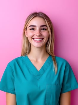 Portrait of a cheerful and friendly young woman in a turquoise medical uniform working as a physical therapy assistant in a healthcare setting photo