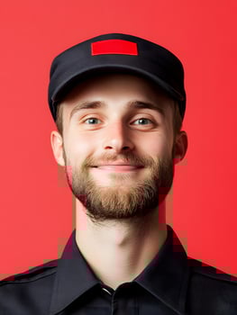 Portrait of a friendly confident young man wearing a professional uniform and cap smiling directly at the against a vibrant red background representing a bus driver or transportation employee photo