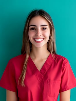 Portrait of a cheerful confident young woman in red medical uniform potentially a physical therapy assistant or other healthcare worker exuding a friendly and welcoming demeanor photo