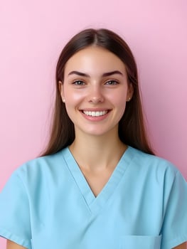 Portrait of a young smiling woman wearing a turquoise medical uniform or scrubs standing against a vibrant pink background and expressing a warm friendly demeanor photo