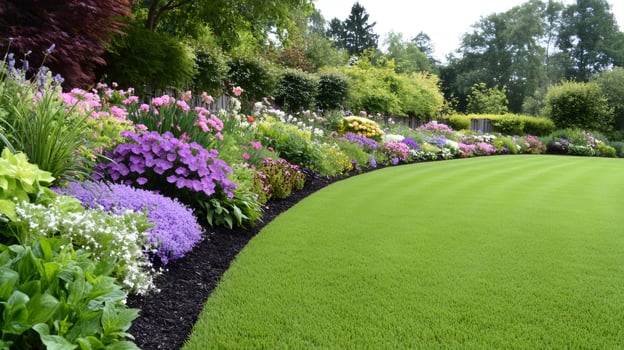Lush flowerbed bordering a manicured lawn creating a vibrant and colorful garden landscape photo