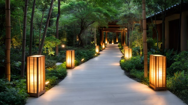 Illuminated path winding through lush garden at dusk, creating a serene atmosphere photo