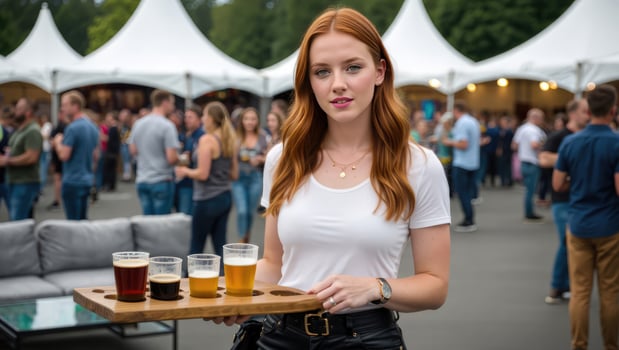 Model holds a wooden flight of craft beers at a lively outdoor festival with tents and crowds enjoying the event in the background during the afternoon photo