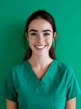 A smiling nurse in green medical scrubs against a vibrant green background photo