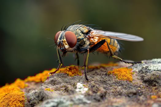 A fly with large eyes sitting on a rock photo