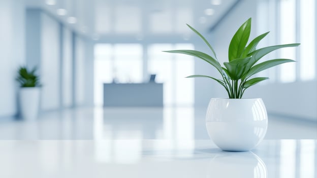 modern hospital background features vibrant green plant in sleek white pot, adding touch of nature to serene environment photo