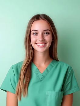 Portrait of a young smiling phlebotomist against a color background photo