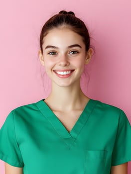 Portrait of a Smiling Young Caregiver on Color Background photo