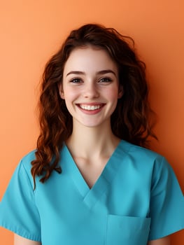 Portrait of a young smiling caregiver on a colored background photo