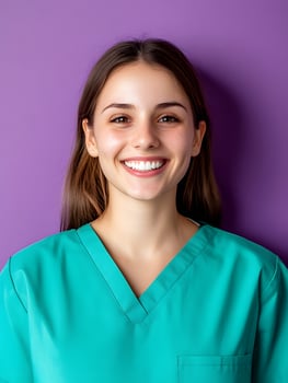 Portrait of a young smiling physical therapist against a vibrant background photo