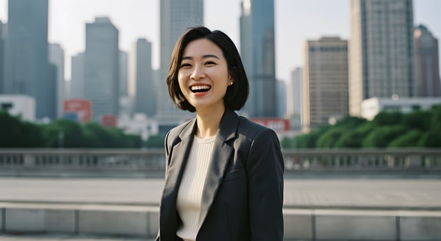 A woman in a business suit is smiling in front of a city skyline photo