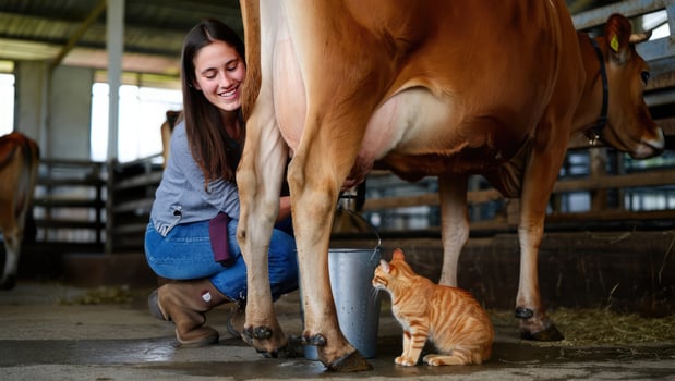Young woman milking a cow with a cat nearby in a barn during the day photo