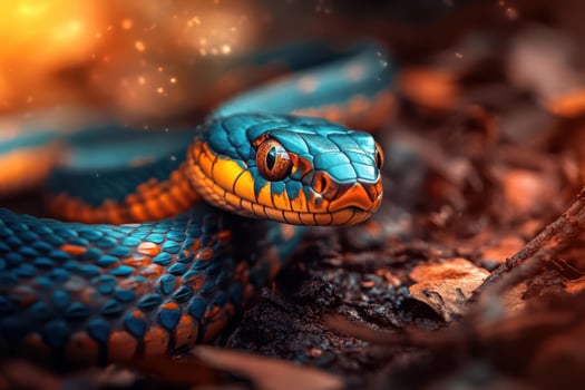 A blue and orange snake with a bright blue and orange head photo