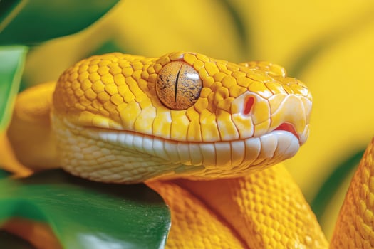 A yellow snake with its head on a leaf photo