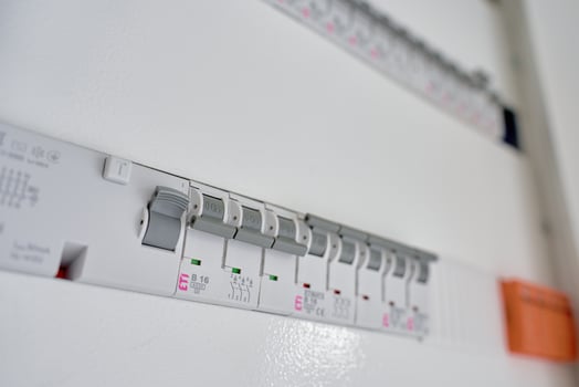 Electrical panel with circuit breakers in fuse box photo