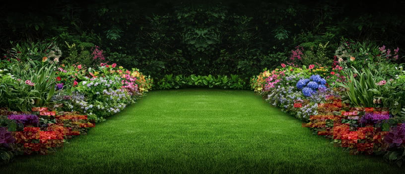Lush Green Lawn Surrounded by Colorful Flower Borders Garden Paradise Nature Scene Copyspace Background photo