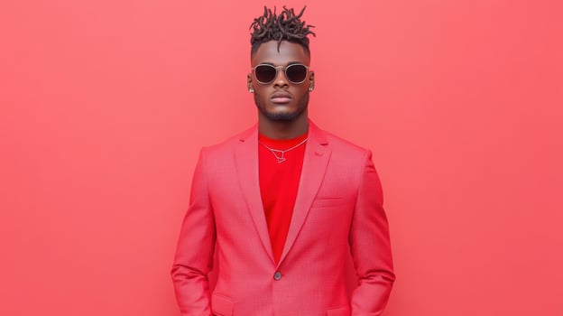 Stylish man red suit with sunglasses against vibrant background, exuding confidence and flair photo