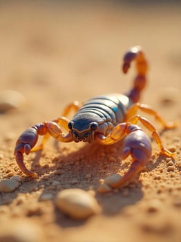 A scorpion with orange legs and claws, a dark blue carapace, on a sandy ground with small rocks photo