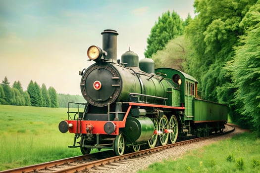 Railway travel.A steam locomotive in green field,forest photo