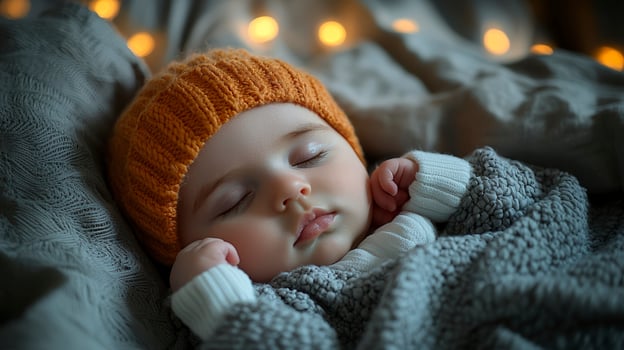 Peaceful Newborn Baby Sleeping In Knitted Outfit And Hat With Warm photo