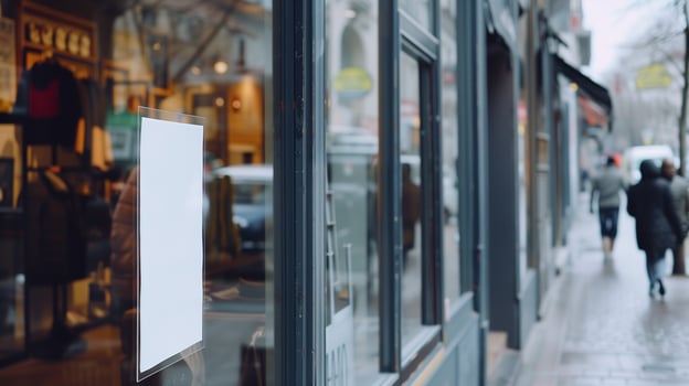 street showcase with white poster mockup for signs and advertising posters photo