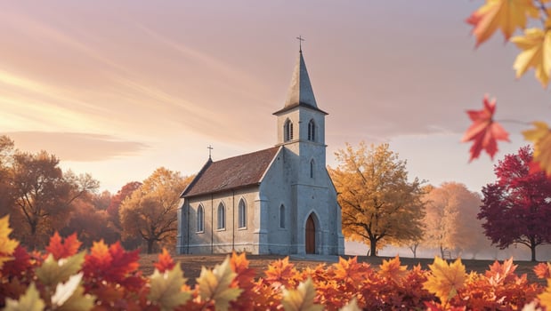 Scenic autumn landscape with church and colorful sky. photo