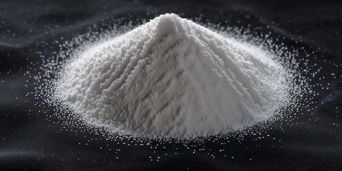 Pile of white sugar on a black background creating a striking contrast in a simple still life composition. photo