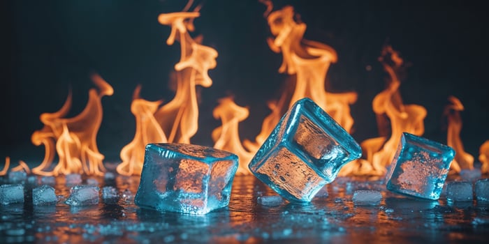 Ice and Fire Conceptual Background with Flames and Ice Cubes for Visual Contrast and Dramatic Effect. photo