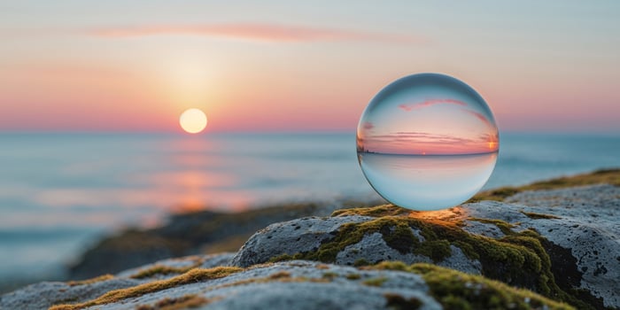 A glass ball with a sunset in the background photo