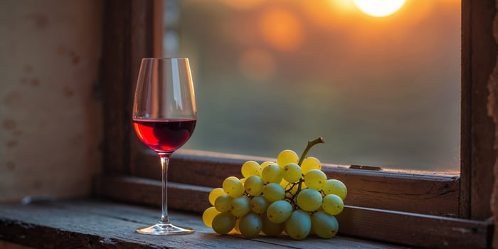 Windowsill with wine and grapes at sunset photo