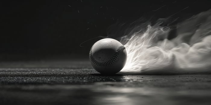 Fiery baseball speeding across dark surface photo