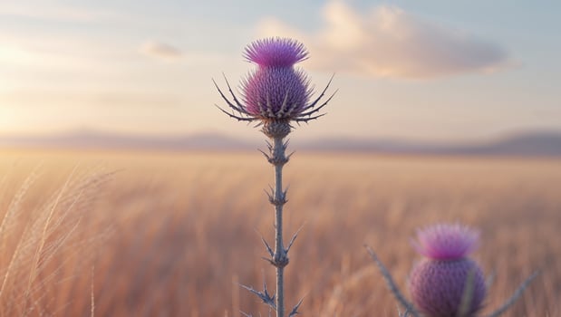 Purple Thistle in Golden Field at Sunset photo