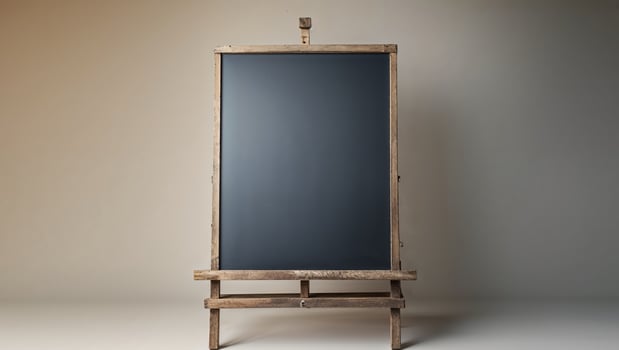 Empty blackboard on a wooden stand with chalkboard in the background. photo