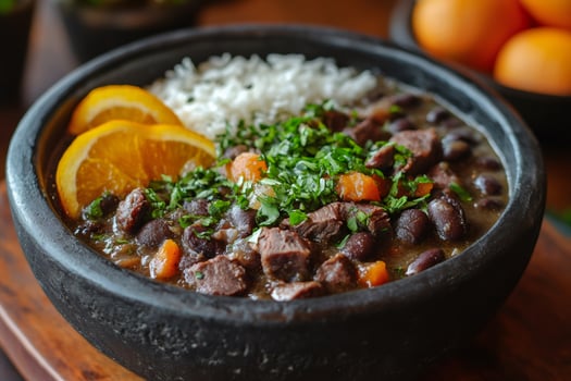 Brazilian feijoada with orange slices, rice and parsley in a clay pot photo