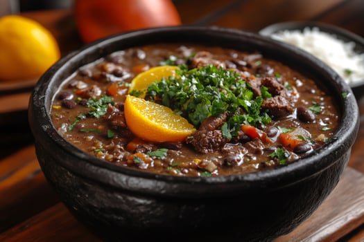 Brazilian feijoada with orange slices and parsley in clay pot photo