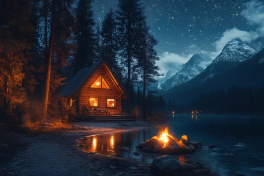 Cozy wooden cabin illuminating the night by the lake with bonfire and starry sky photo