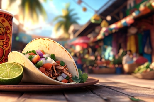 Delicious taco with pulled pork filling resting on wooden table in a vibrant mexican market photo