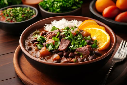 Brazilian feijoada with orange slices, rice, and parsley in bowl enjoying a delicious meal photo