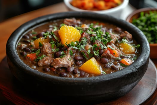 Delicious brazilian feijoada with orange, meat, and herbs in a clay pot photo