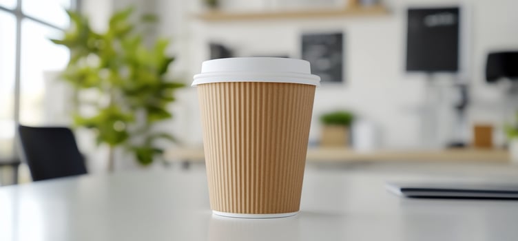 A disposable coffee cup on a table in a modern workspace. photo