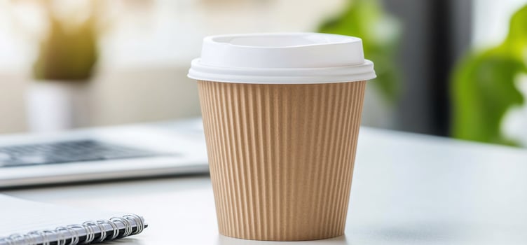 A disposable coffee cup sits on a desk, symbolizing a quick beverage. photo