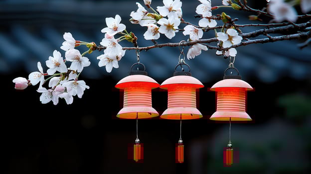 Three Orange Lanterns Hanging from Cherry Blossoms in Springtime Peaceful Asian Garden Scene photo