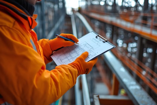 Engineer examining technical drawings on a clipboard in an industrial environment photo