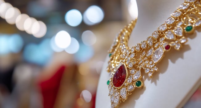 Elegant gold necklace adorned with gemstones displayed for sale. photo