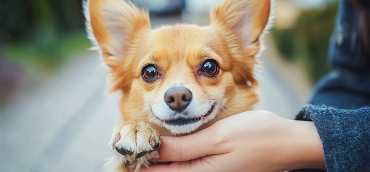 A close-up of a smiling dog being held by a person. photo