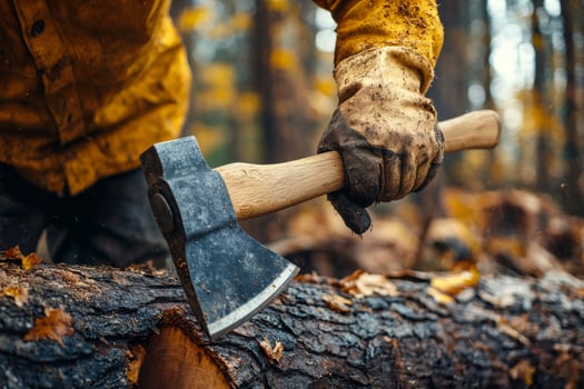 Lumberjack chopping wood with axe in autumn forest photo